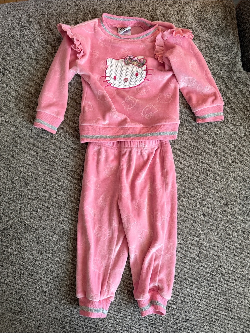 Hello Kitty Pink Velour Two-Piece Super Soft Set with Ruffle Shoulders